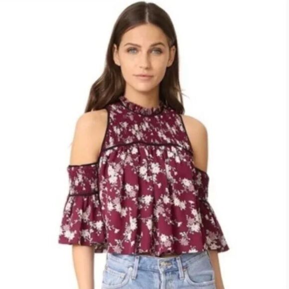Cinq a Sept Soha Floral Cold Shoulder Cut Out Ruffle Silk Top - Picture 4 of 13
